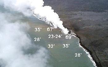 Sea surface temperatures indicated on aerial view of plume rising from lava entry point