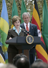 First Lady Laura Bush is joined by the President as she delivers remarks during a ceremony marking Malaria Awareness Day Wednesday, April 25, 2007, in the Rose Garden.