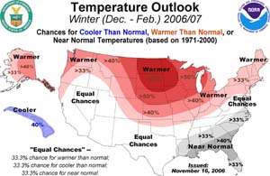 NOAA image of winter temperature outlook for December 2006 through February 2007.