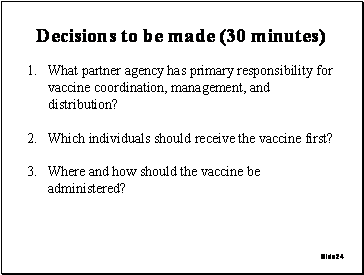 Slide 24: Decisions to be made (30 minutes)