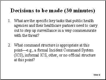 Slide 12: Decisions to be made (30 minutes)