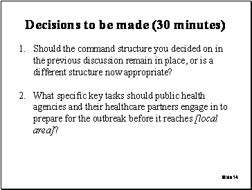 Slide 14: Decisions to be made (30 minutes)