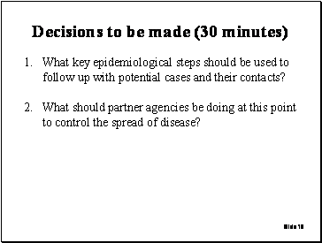 Slide 19: Decisions to be made (30 minutes)