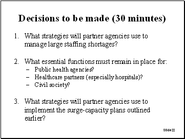 Slide 22: Decisions to be made (30 minutes)