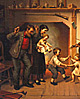 family dancing in a firelit room