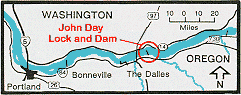 Map of the Columbia River from just down stream of Portland to just up stream of Arlington with John Day Dam highlighted.