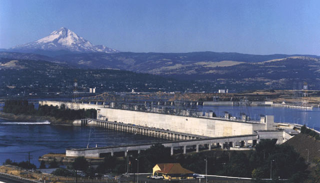 The Dalles Dam Powerhouse with The Dalles and Mt. Hood in background.