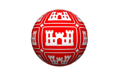 Red 3-D globe covered with white Corps castles