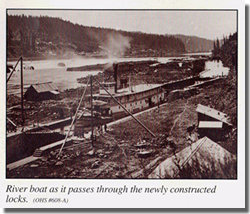 Sepia-ton Photo of paddle wheeler vessel in Locks; areas adjacent to Lock  barren of builidng.