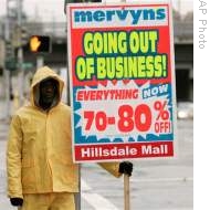 Joe Smith holds a sign adverting a going out of business sale at the Hillsdale Shopping Center in San Mateo , California (File) 