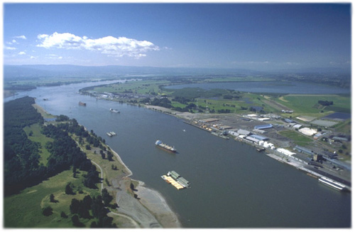 Aerial View of river barge traffic on the Columbia River
