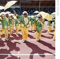 Members of Cape Coon Minstrel Troupe march to Malay music in front of thousands of Capetonians at a local stadium (2001 file photo)