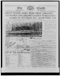 Photograph of front page of The world 16 April 1912 headlining the sinking of the Titanic
