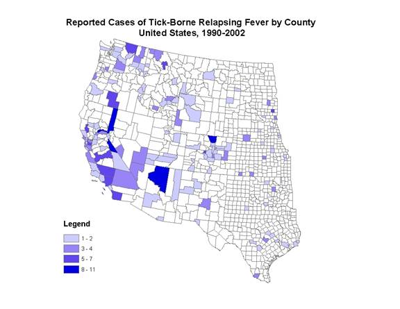 Map of Reported Cases of Tick-Borne Relapsiing Fever by County , United States, 1990-2002