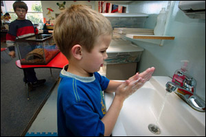 A young boy washes his hands