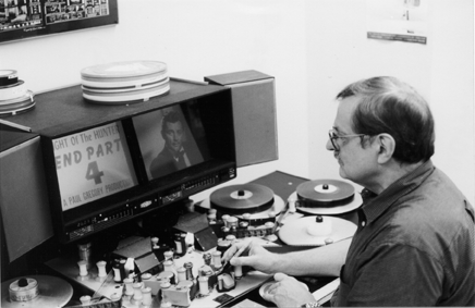 UCLA Film and Television Archive Preservation Officer Robert Gitt working on the film THE NIGHT OF THE HUNTER (1955) directed by Charles Laughton.  Film was restored by the Archive in 2001.