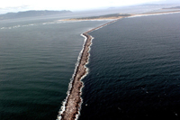 Aerial view of Mouth of the COlumbia River South Jetty from the oceanward side. Click for larger immage.
