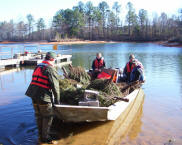 Volunteers use christmas trees for fish habitat construction project.