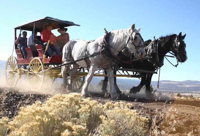 A 120-year-old stagecoach moves along the route of the Wendel to Alturas railroad line.