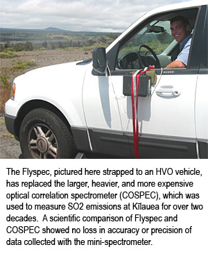 The Flyspec, pictured here strapped to an HVO vehicle, has replaced the larger, heavier, and more expensive optical correlation spectrometer (COSPEC), which was used to measure SO2 emissions at Kilauea for over two decades.  A scientific comparison of Flyspec and COSPEC showed no loss in accuracy or precision of data collected with the mini-spectrometer.