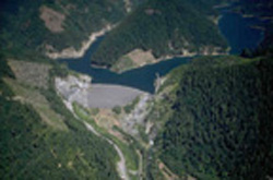 Aerial view of Blue River Dam and Reservoir