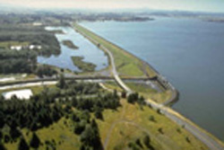 Aerial view of Fern Ridge Dam and Reservoir