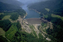 Aerial view of Cougar Dam and Reservoir