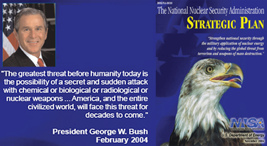 A collage of a picuture of and a quote from President George W. Bush and the Strategic Plan cover