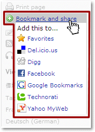 Snap shot of the "Bookmark and share" section of the page