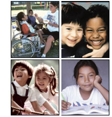 Photo Montage of children at play, reading, and a scene in an outdoor recreational park where a disabled child is being cared for by a child care provider.