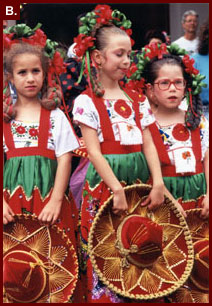 Kathy Kota dancers waiting to go on stage to perform Mexican folklorico dances, August 1991