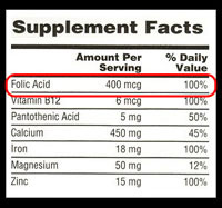 Supplement Facts table, highlighting 100% Daily Value of Folic Acid