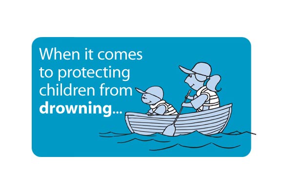 Illustration of a mother boating with her child. They are both wearing life jackets. The text reads 