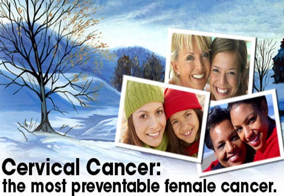 Cover: 3 pictures of mothers and daughters placed on a snow set backdrop. Cervical Cancer: the most preventable female cancer.
Inside: Pap tests and the HPV vaccine can pervent cervical cancer. Learn more about cervical cancer Link to: http://www.cdc.gov/cancer/cervical/.