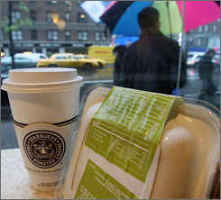 Sandwich packaging shows its nutritional value at a New York Starbucks. New York has become the first U.S. city to require restaurant chains to display calorie content on menus and packaging.