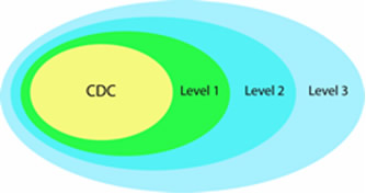 Illustration representing LRN lab roles in responding to chemical terrorism. The concentric circles of the illustration are (starting from the outermost circle and working in) Level 1, Level 2, Level 3, and CDC.