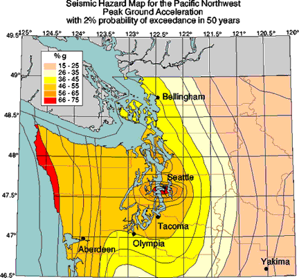 map showing peak ground acceleration with 2% probability of exceedance in 50 years (the standard used for building codes and seismic engineering)