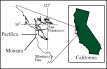 Map of central California showing the locations of Montara and Pacifica