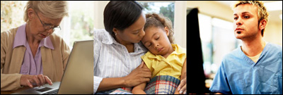 Photo collage: A woman on a laptop computer. A mother and saughter. A healthcare professional.