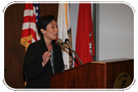 Dr. Lynn Heirakuji, Ph.D., the Deputy Assistant Secretary of the Army for Manpower and Reserve Affairs (Personnel Oversight) addresses Los Angeles District employees during a May 8 speech.