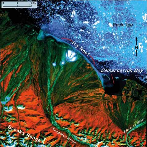 Landsat image of the Kongakut River Delta, bordering icy shoal, and adjacent Demarcation Bay, North Slope, Alaska