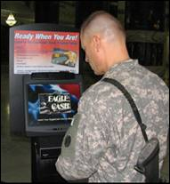 Left Photo: A soldier uses an EagleCash kiosk in Al Faw Palace, formerly owned by Sadaam Hussein, near Baghdad, Iraq.