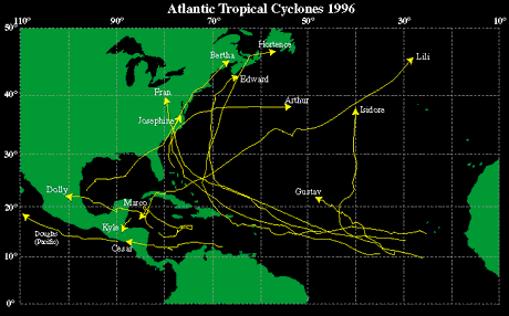 map showing storm tracks for the 1996 hurricane season