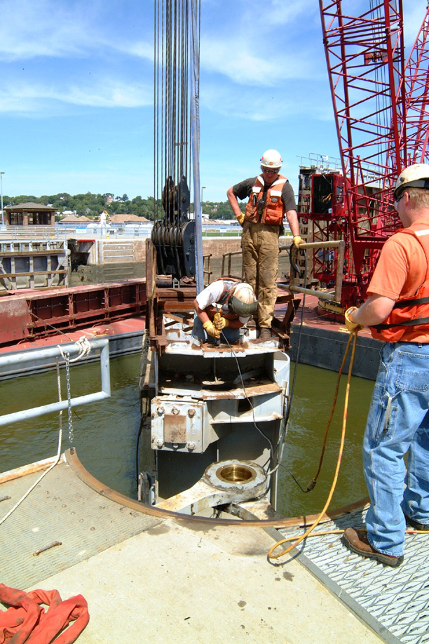 The Corps' Structures Maintenance Crew prepares a spare miter gate for placement at Lock 15.