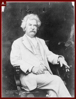 Mark Twain, three-quarter length portrait, seated, facing slightly right, with cigar in hand, ca. 1907.