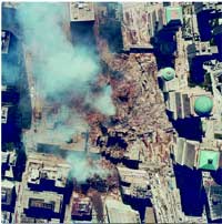 Photograph of aerial view of 9 11 attack in New York