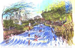 Drawing of a river with people kayaking.
