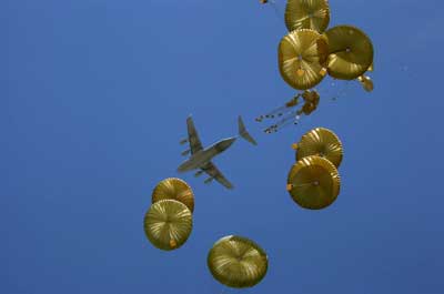 C-17 Globemaster III aircraft drops cargo bundles to coalition forces in Paktika Province, Afghanistan, using the Improved Airdrop Delivery System with NOAA’s LAPS software.  