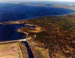 Aerial photo of Winnibigoshish Lake and Dam.