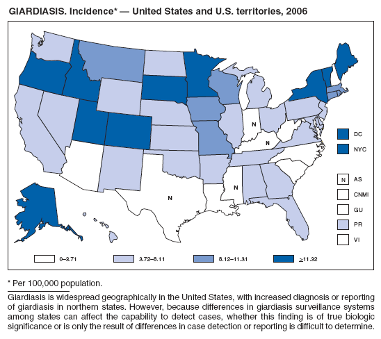 GIARDIASIS. Incidence* — United States and U.S. territories, 2006